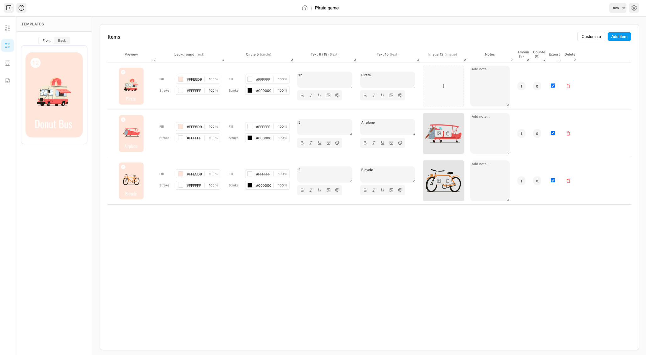 Game card creator with data editor